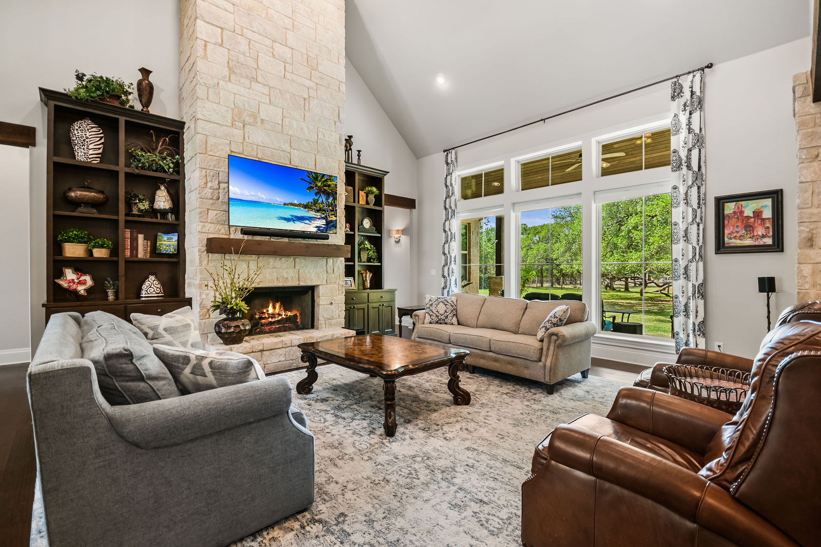 55 Brook Ridge living room with soaring ceilings and wood beams