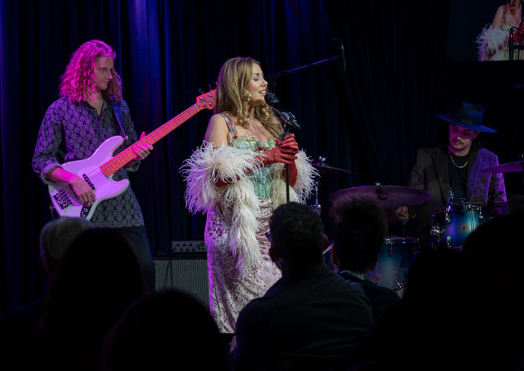 Black and white performance photograph from Haley Reinhart at Middle C Jazz