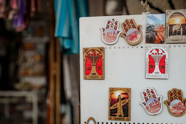 Colourful small souvenirs on display in a Taghazout shop