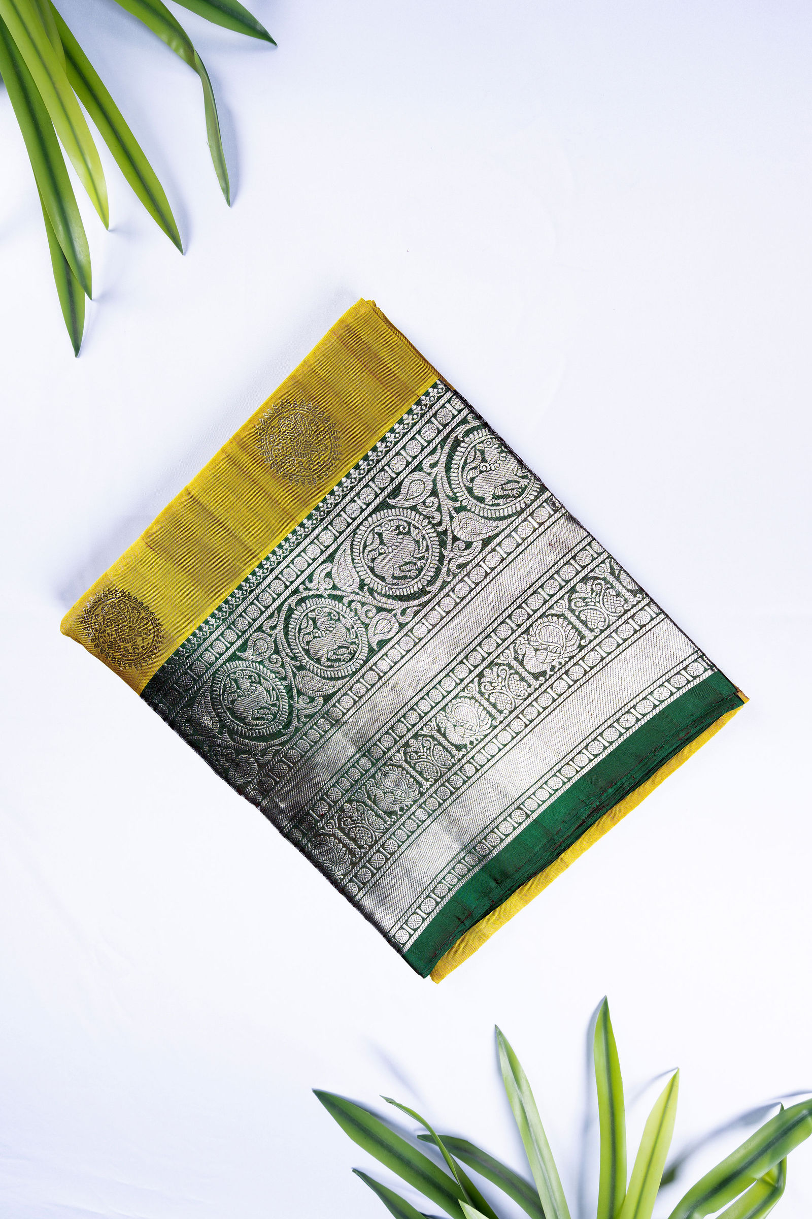 Emerald & Mustard Kanjivaram Silver Annapakshi Saree Pure silk sarees online in India | Kandangi Sarees — Handpicked Sarees