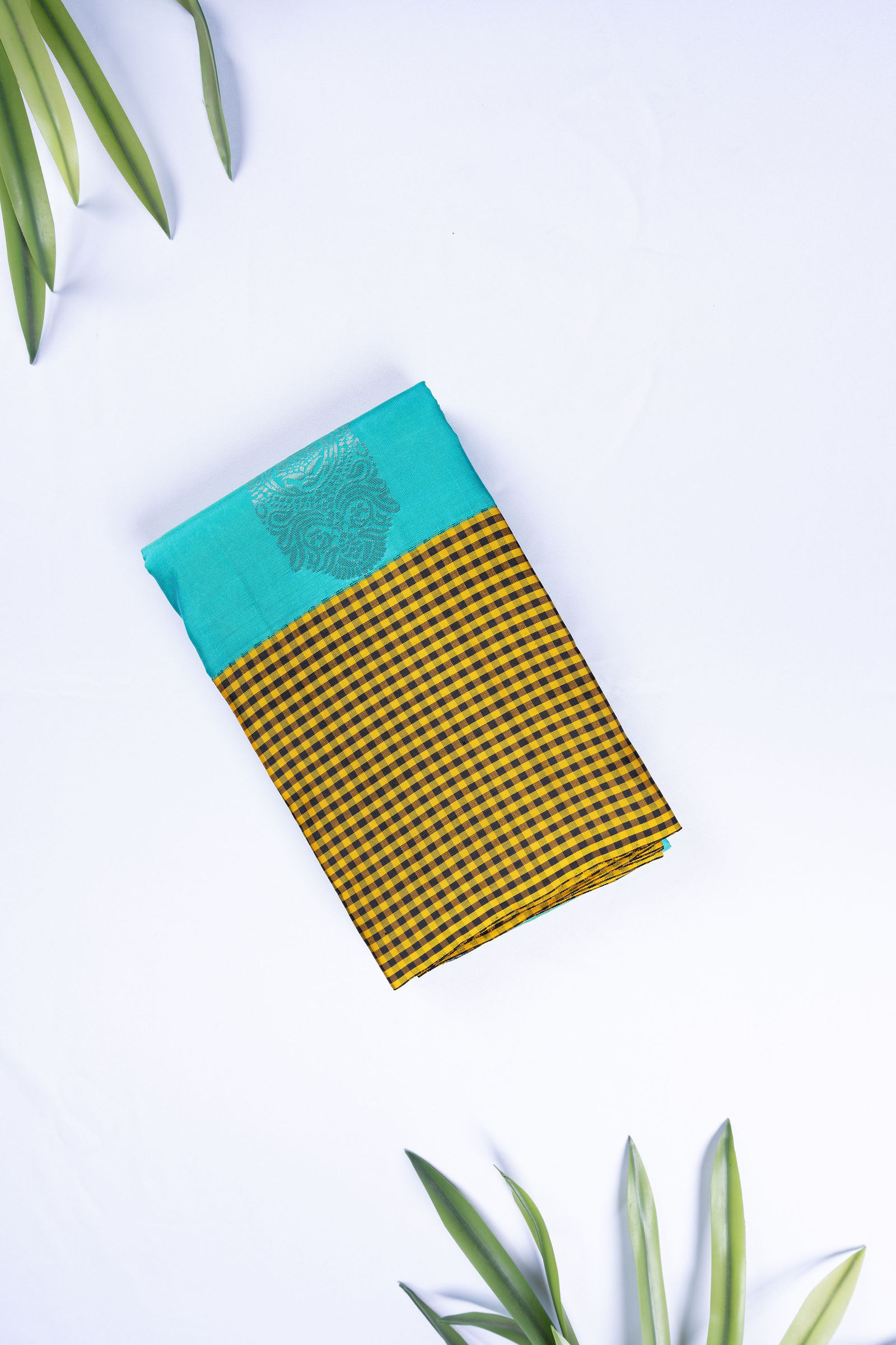Turquoise & Mustard Heritage Check Silk Saree Pure silk sarees online in India | Kandangi Sarees — Handpicked Sarees