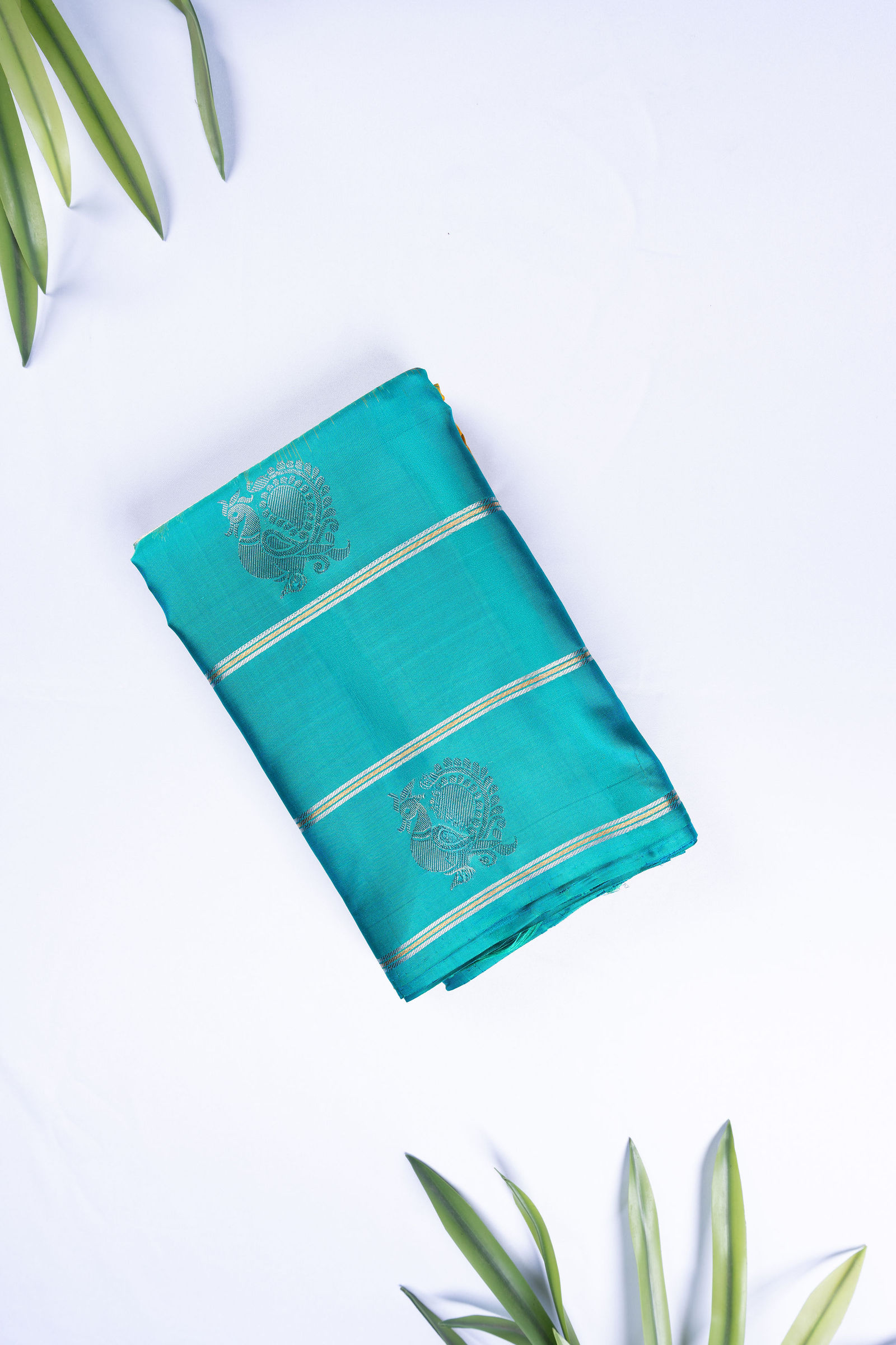Teal Blue & Mustard Vintage Checked Kanjivaram Saree Pure silk sarees online in India | Kandangi Sarees — Handpicked Sarees