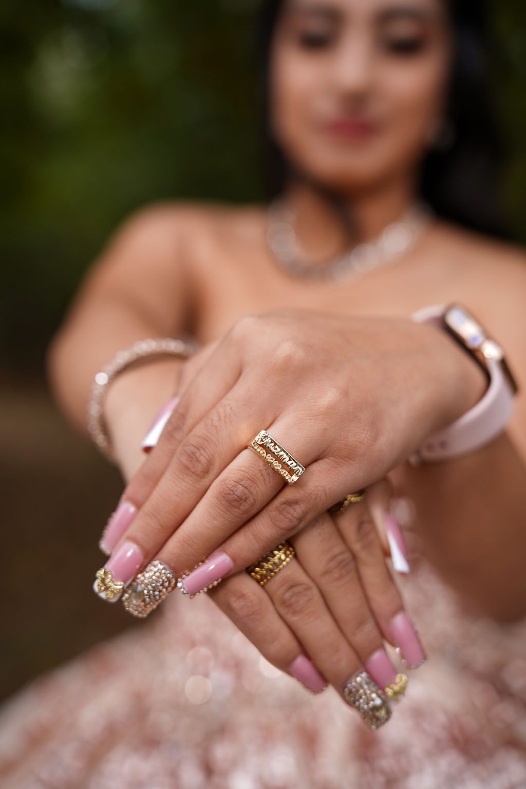 Nicole framed in cinematic light during her quinceañera