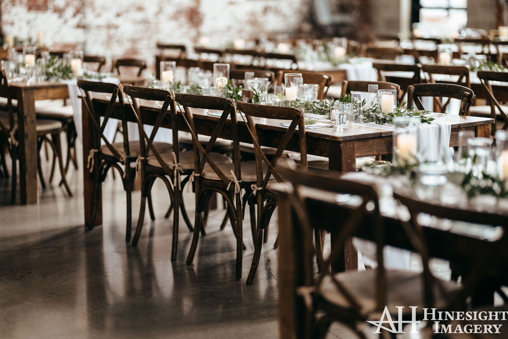 Long reception table set for dinner