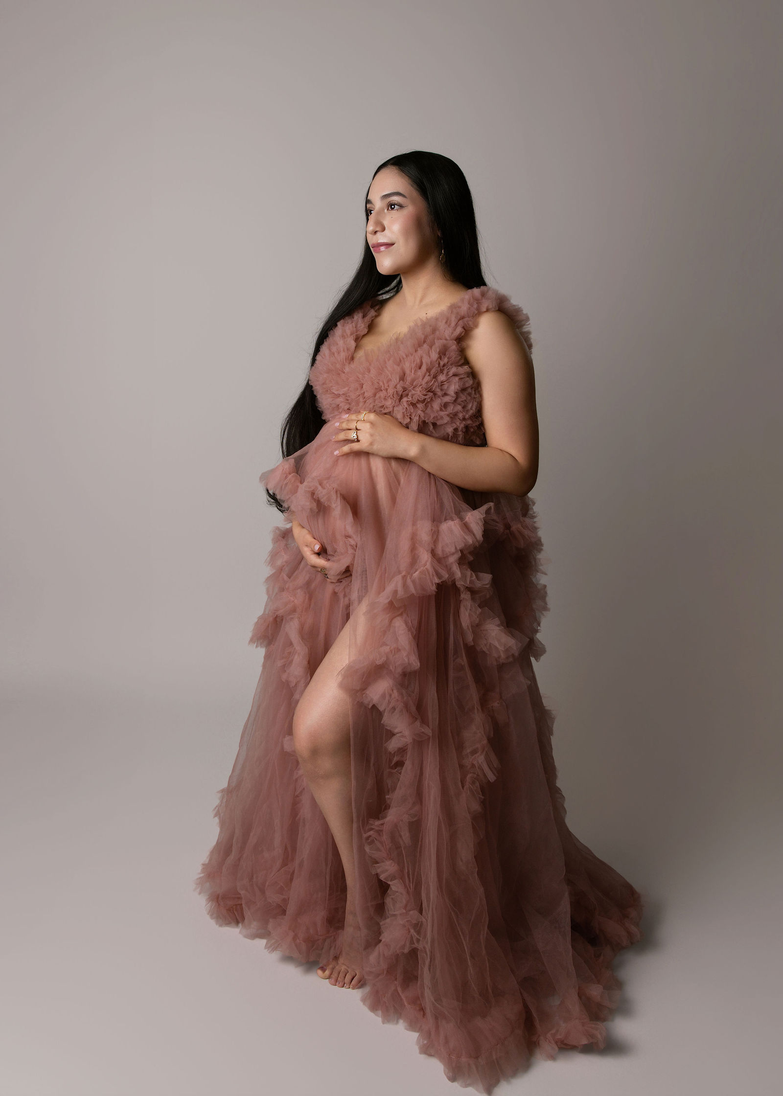 Utah studio maternity photographer capturing soft neutral pregnancy portrait