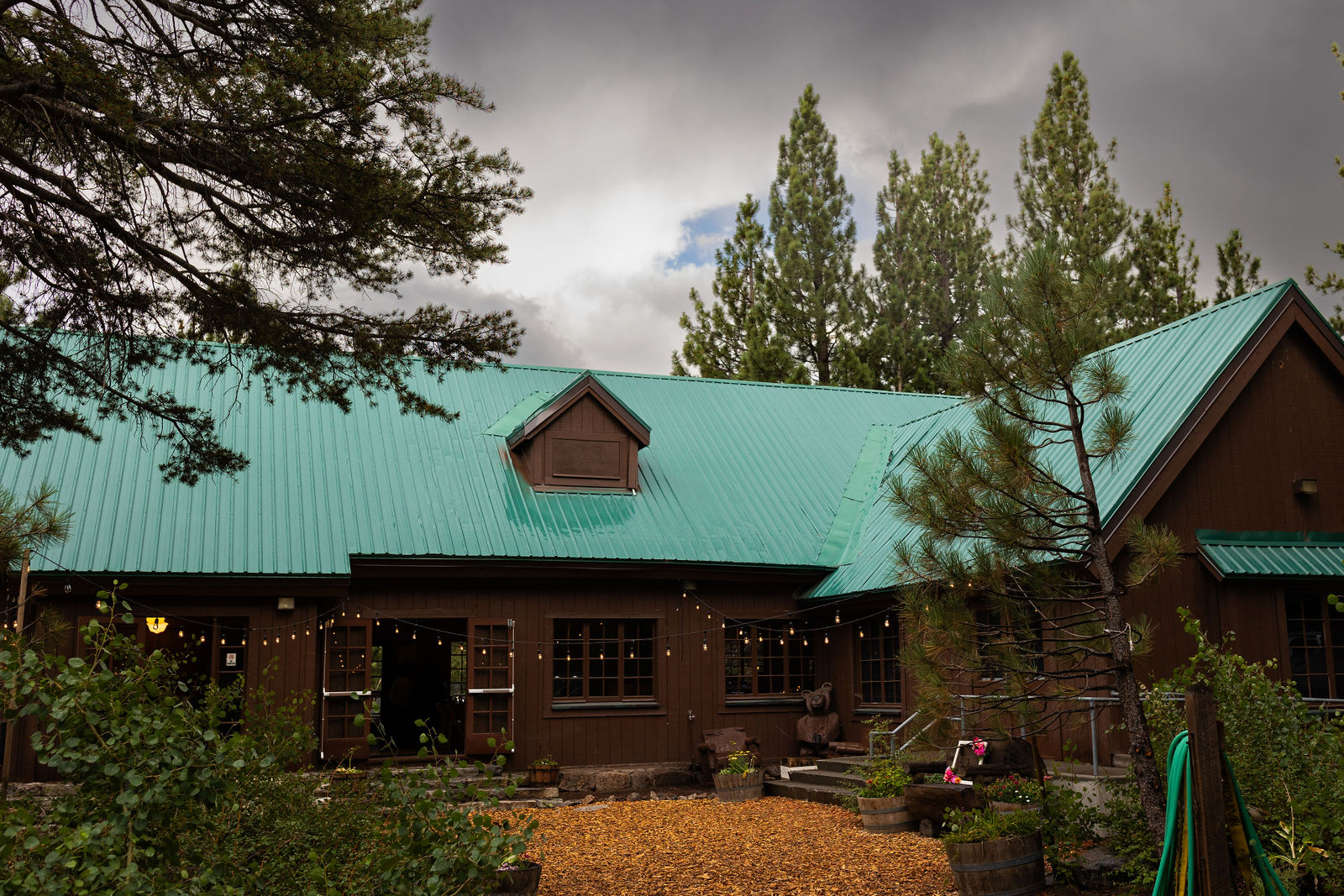 Camp High Sierra Mammoth wedding venue with pine forest lodge setting detail