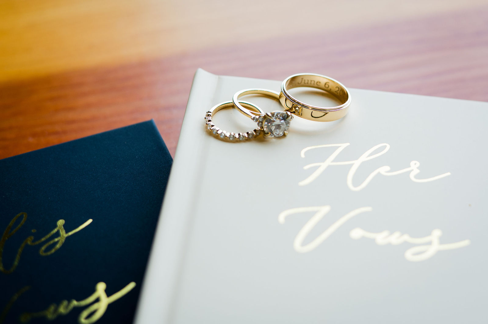 Wedding rings resting on vow books before a Colorado wedding