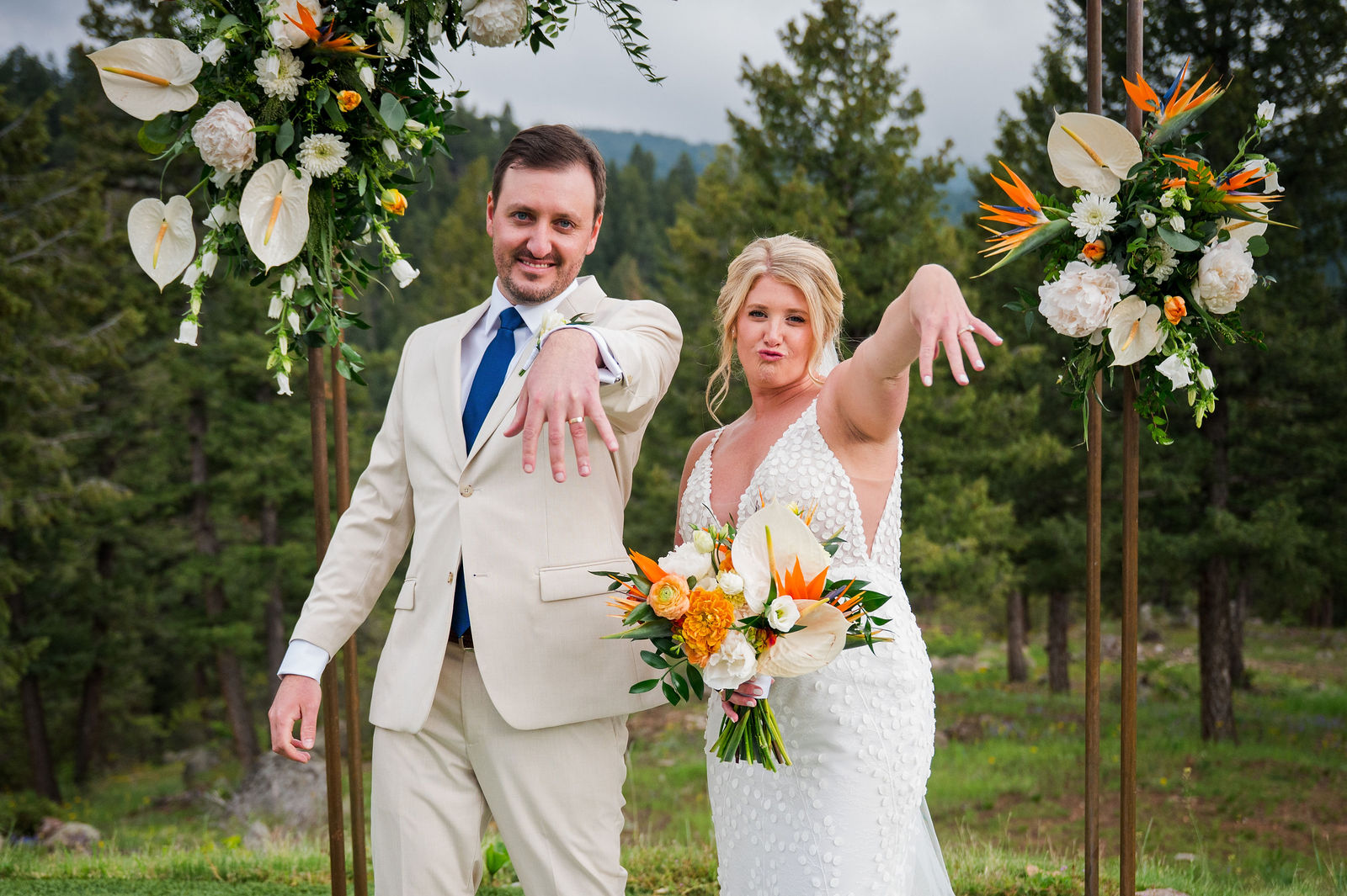 Bride’s veil catching the wind at The Woodlands in Morrison Colorado