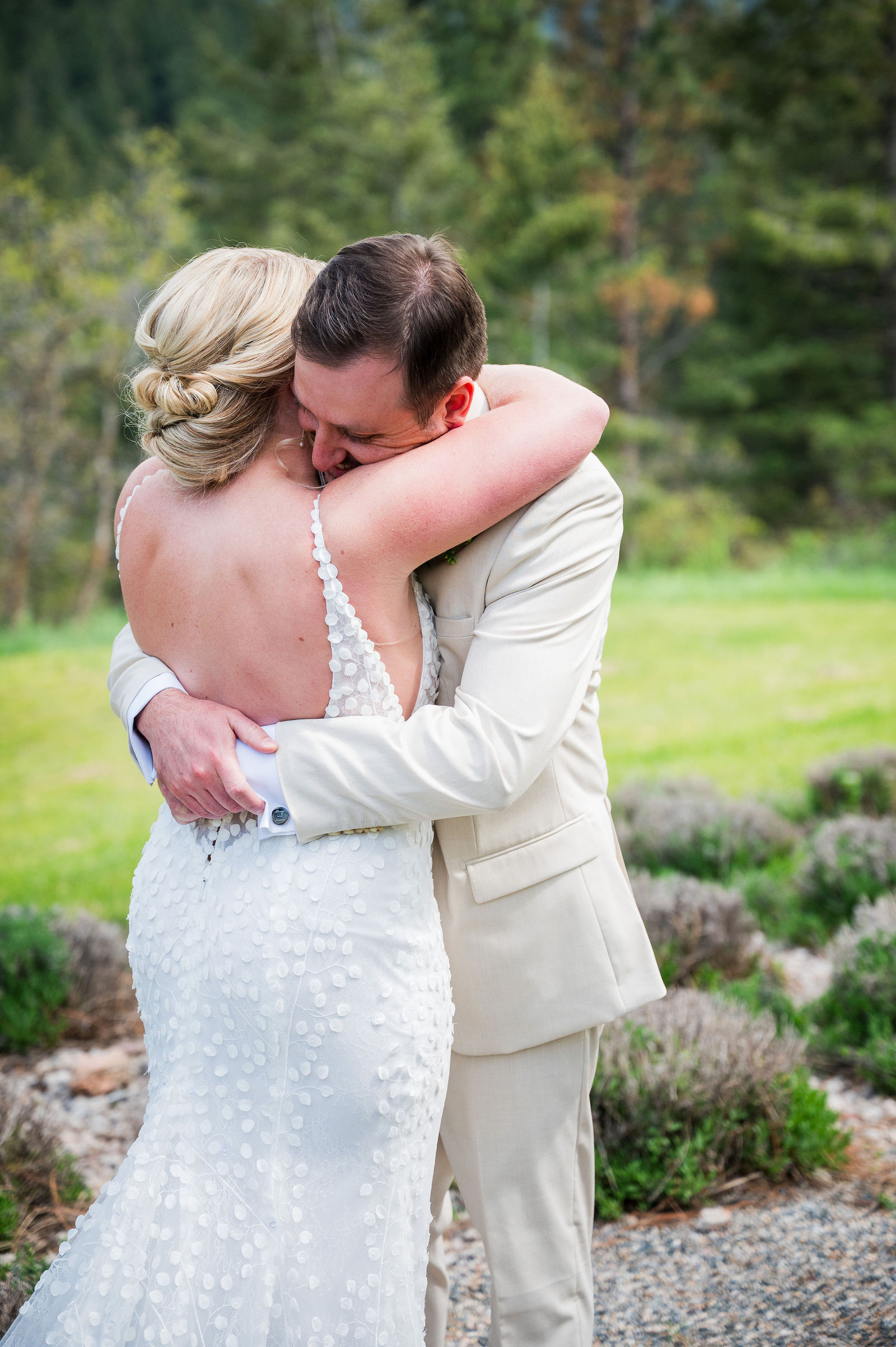 First look between bride and groom at The Woodlands wedding venue