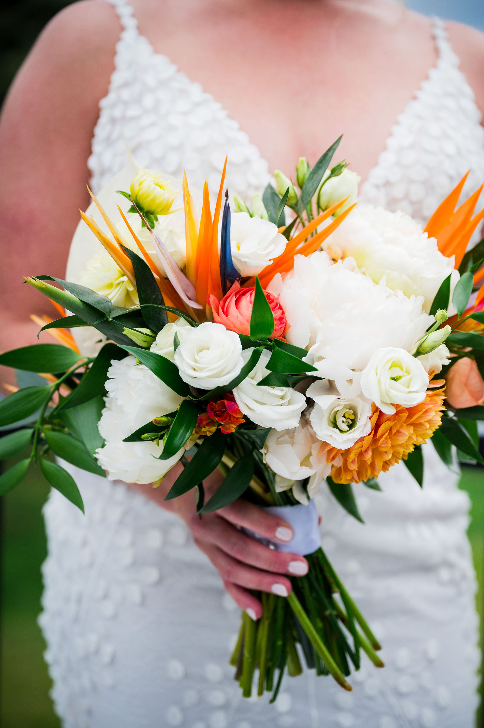 Close up of a Bird of Paradise bridal bouquet at The Woodlands Colorado