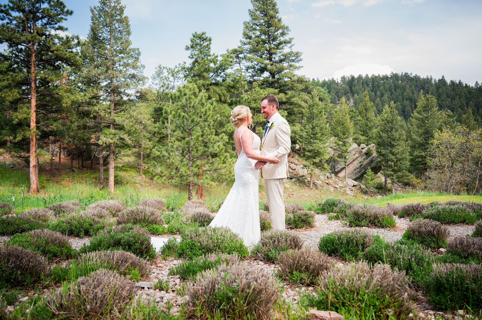 Bride and groom in the lavender field at The Woodlands in Morrison Colorado