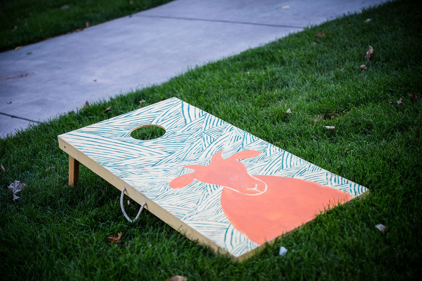Cornhole set up on the lawn at a wedding reception