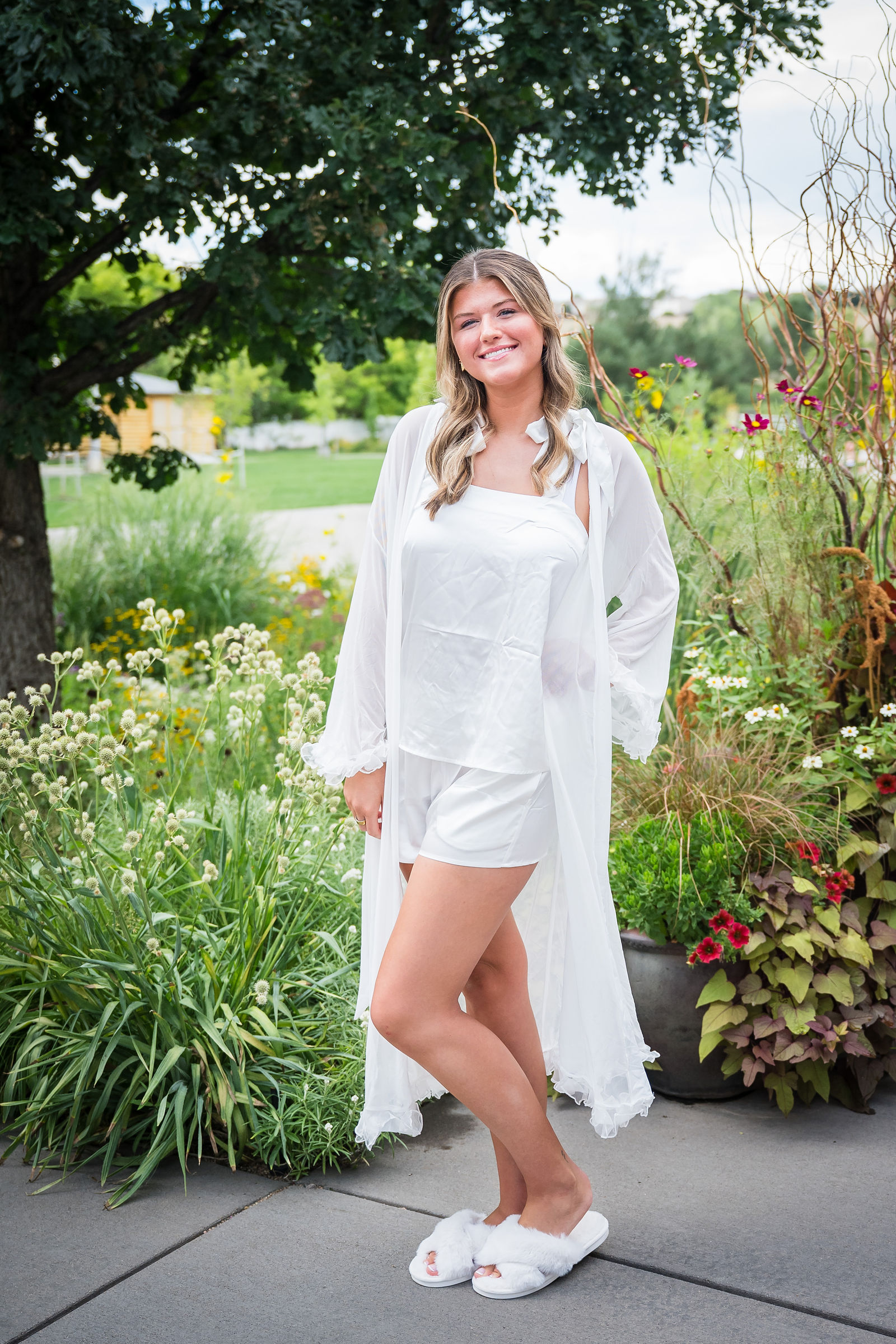Bride in white before putting on her wedding dress