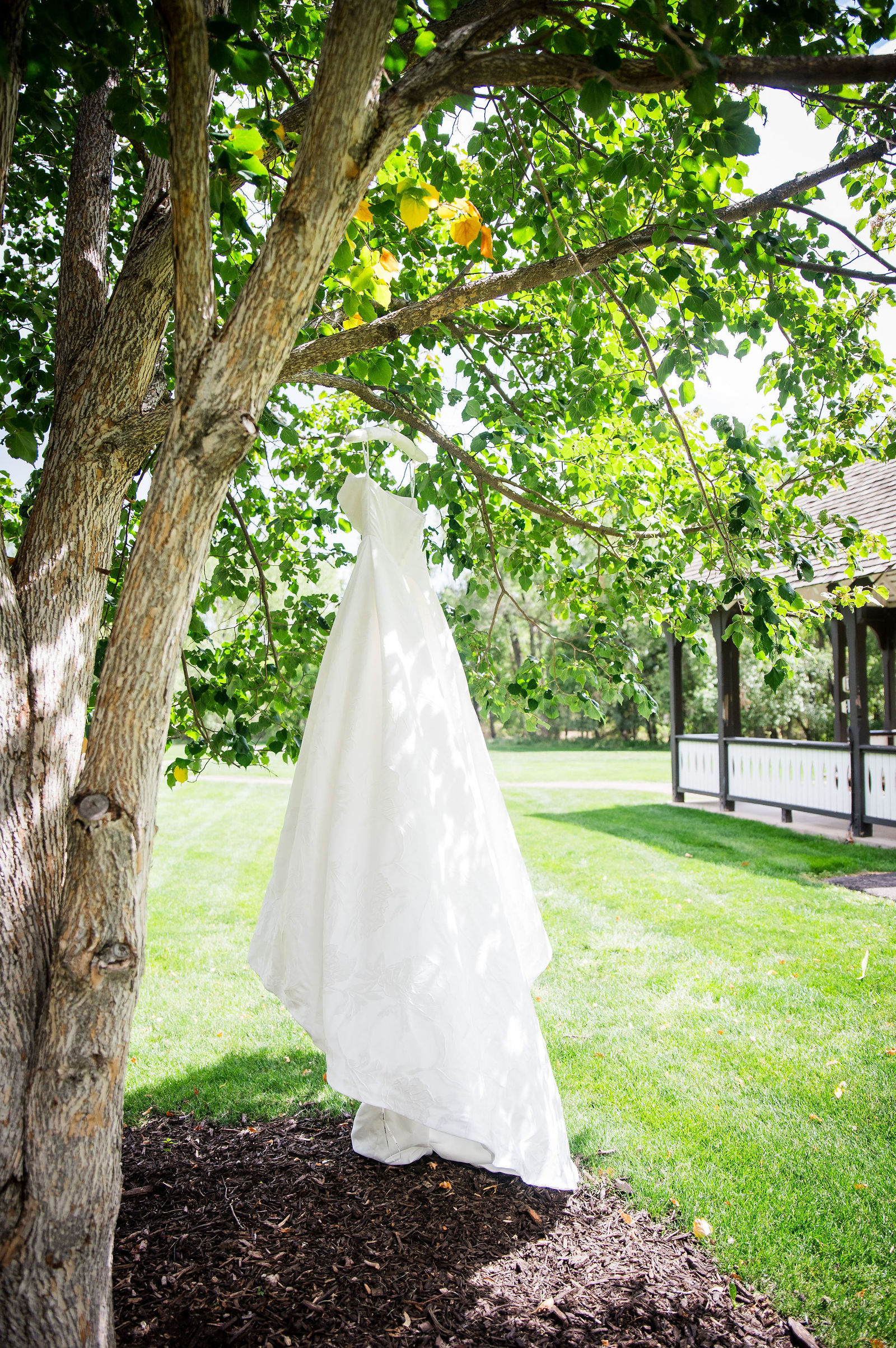 Wedding dress hanging in the garden at Chatfield Farms
