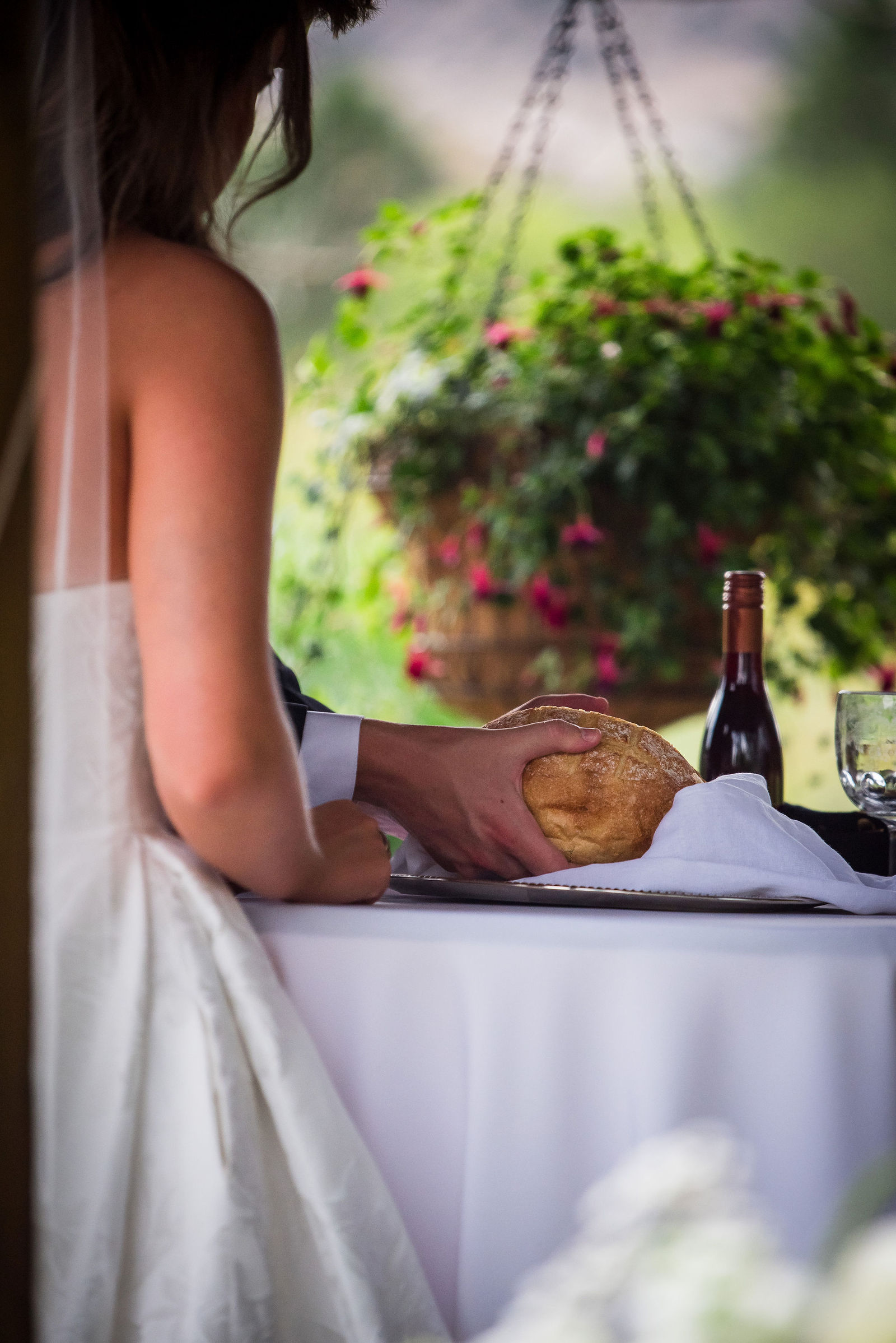 Bread and wine set out for communion during a wedding ceremony